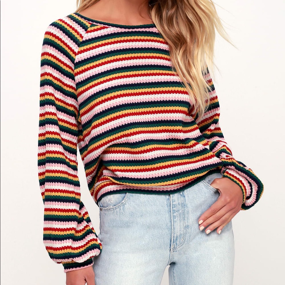 Rainbow Multi Stripe Balloon Sleeve Sweater Top NWOT - Picture 1 of 9